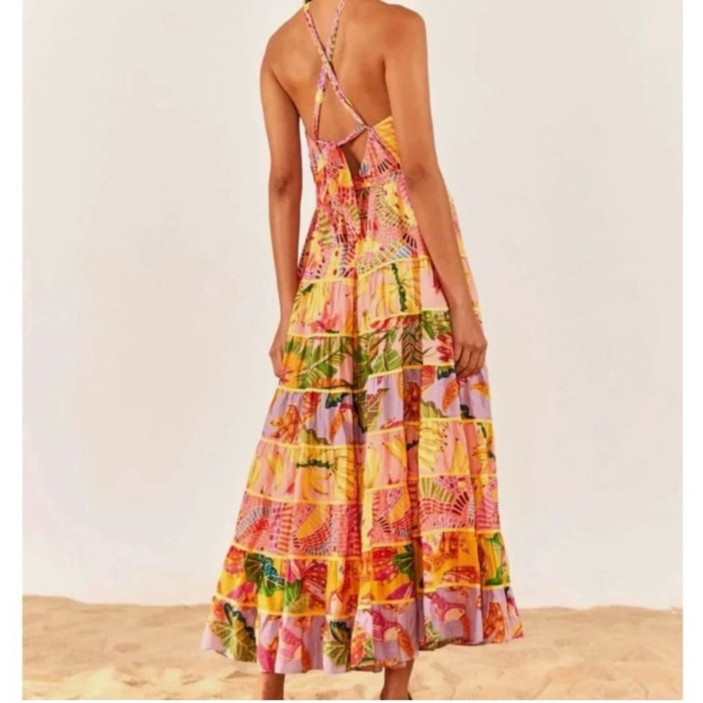 NEW FARM Rio Mixed Pink Prints Maxi Dress Fruit Tiered Crossback Belt Size L - Picture 5 of 16